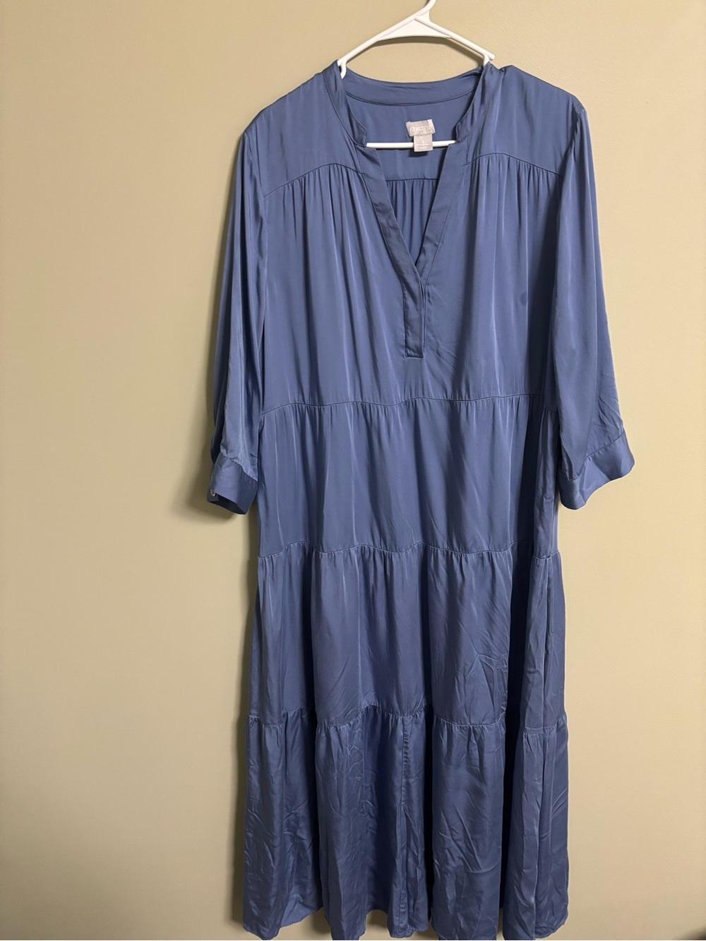 Chico's Tiered Maxi Dress Blue V-Neck Roll Tab Sleeves Size 2 (12-14) Smock Boho